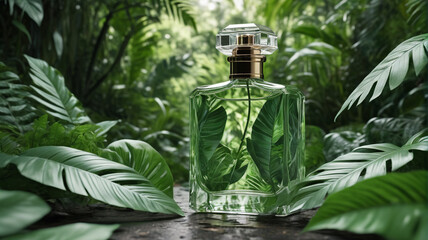 Sticker - A chic perfume bottle blending with the lush green leaves of a jungle, embodying the essence of sophistication and natural beauty, Generative AI