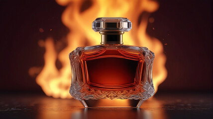 Poster - A captivating perfume bottle surrounded by the mesmerizing glow of a fire, reflecting the warmth and passion of its fiery scent, Generative AI