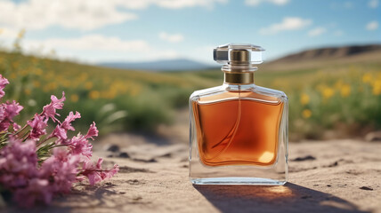 Wall Mural - A graceful perfume bottle on a wind-swept landscape, capturing the essence of freedom and movement with its airy and fresh fragrance, Generative AI