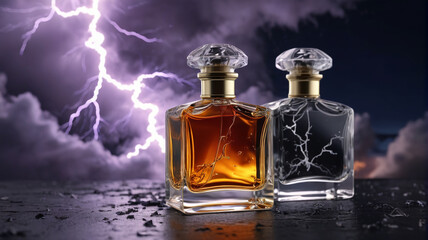 Canvas Print - A captivating perfume bottle set against the backdrop of rolling thunder and lightning flashes, capturing the electrifying and mesmerizing essence of its stormy scent, Generative AI