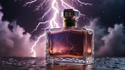 Sticker - A captivating perfume bottle set against the backdrop of rolling thunder and lightning flashes, capturing the electrifying and mesmerizing essence of its stormy scent, Generative AI