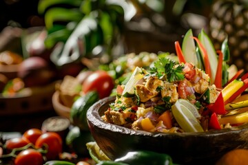 Wall Mural - A close-up image of a wooden bowl filled with a vibrant and colorful exotic dish, set against a backdrop of tropical greenery