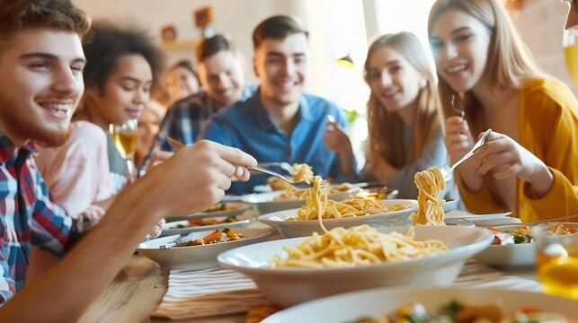 Happy group of friends eating pasta at home dinner party  Cheerful young people having lunch break together  Life style concept with guys and girls celebrating thanksgiving  Bright fil : Generative AI
