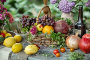 Wall Mural - A wicker basket overflows with fresh grapes, apples, and an orange, surrounded by other local market finds like lemons, tomatoes, and onions