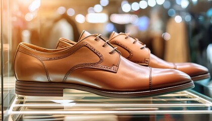 A picture of Man luxury brown leather shoes in a shop window close up on room