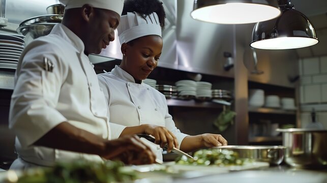 Two professional cooks preparing meal in the kitchen at restaurant Focus is on African American female chef : Generative AI