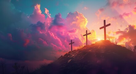 An image of the Crucifixion of Jesus Christ at sunset - Three crosses on a hillside