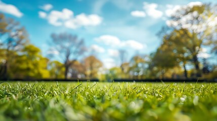 Poster - Beautiful blurred background image of spring nature with a neatly trimmed lawn surrounded by trees against a blue sky with clouds on a bright sunny day : Generative AI