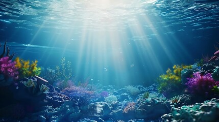 Wall Mural - Serene underwater scene with colorful marine plants and coral reef in clean azure water on sea bottom and sun rays from surface Beautiful undersea background 3D animation rendered in 4 : Generative AI