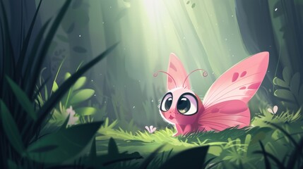 Wall Mural - Curious Pink Butterfly in a Sunlit Forest