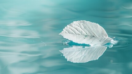 Poster - White transparent leaf on mirror surface with reflection on turquoise background macro Artistic image of ship in water of lake Dreamy image nature free space : Generative AI