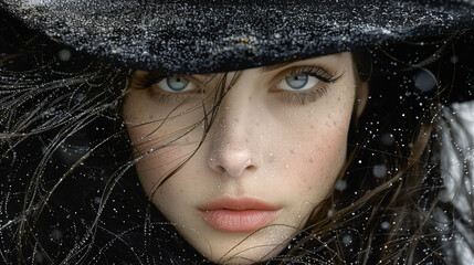 Poster - Close-up of a woman with blue eyes and freckles, wearing a black hat and coat, with snowflakes on her face and hair.