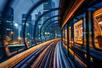 Wall Mural - A high-speed maglev train travels through a futuristic cityscape at dusk, showcasing the advanced technology of magnetic levitation