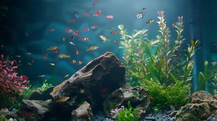 Sticker - Natural Ocean Rock And Live Aquarium Plants In A Home Fish Tank : Generative AI