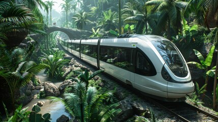 Wall Mural - Explore the synergy between nature and technology with images of a fast-moving electric tram gliding through lush green parks and