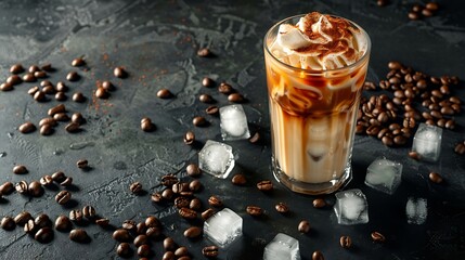 Aufkleber - Ice coffee in a tall glass with cream poured over ice cubes and beans on a dark concrete table Cold summer drink with tubes on a black background with copy space : Generative AI