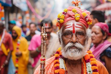 A close-up portrait of a man during a Hindu religious procession in India, capturing his focused gaze and traditional attire