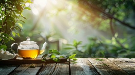 Warm cup of tea with teapot, green tea leaves on the wooden desk at morning in plantations with long banner background empty space for text,Organic product from the nature for healthy with traditional