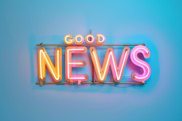 good news neon yellow pink sign glowing on light blue wall background - marketing business announcem