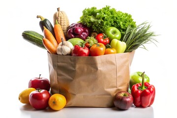 Wall Mural - Healthy fruits and vegetables in a paper bag on a white background, healthy, food, fresh, paper bag, organic