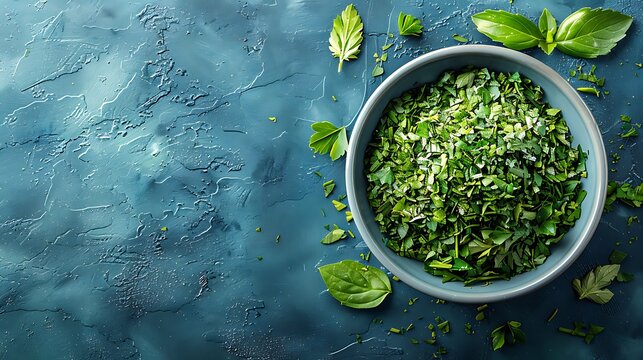 dried parsley flakes on a bright navy blue background