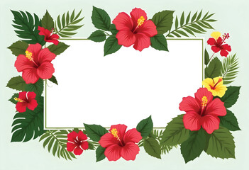 a green frame with red hibiscus flowers and plants with a white border