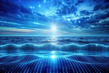 Wall Mural - Digital reflection of a virtual sea with waves of electric blue light on a shore of binary code, Techno, Ocean, Waves