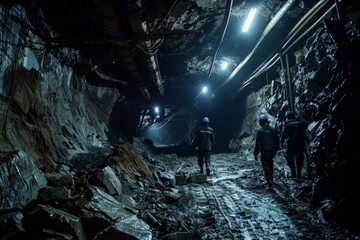 A group of miners walk through a dark underground mine tunnel, illuminated by artificial lights. They are extracting valuable resources