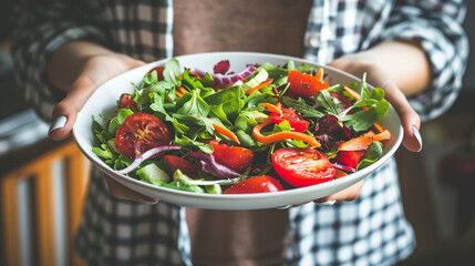 Poster - A woman is holding a white bowl of salad with a variety of vegetables including