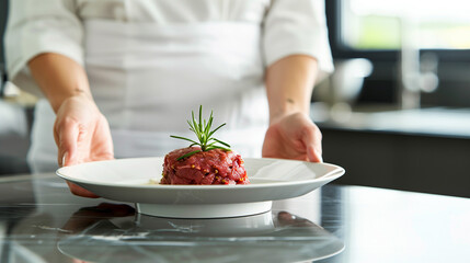 Wall Mural - A chef is holding a plate of food with a garnish of rosemary