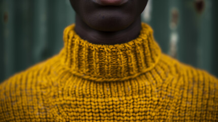 Wall Mural - A man wearing a yellow sweater with a knitted collar