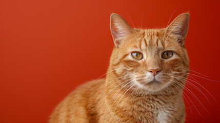 Wall Mural - A cat with a yellow face is sitting on a red background