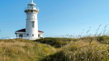 Wall Mural - Restored lighthouse with a military memorial, symbolizing hope, resilience, and guiding ships.