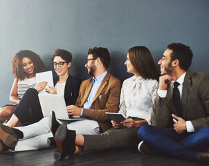 Poster - Businesspeople, happy and communication or talking with wall, connection and employees for online networking. Discussion, creative agency and office break, web design and technology conversation