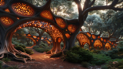 Wall Mural - A magical forest scene with large, glowing, honeycomb-like structures integrated into the trees. The structures emit a warm, orange light, creating an enchanting atmosphere.