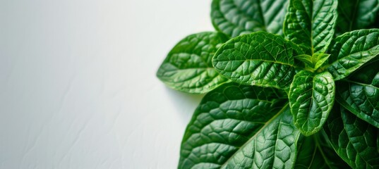 Wall Mural - Detailed green leaf veins on white background, minimalist design with shallow depth of field