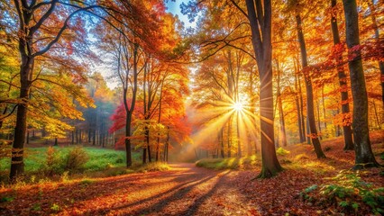 Wall Mural - Beautiful sunrise in autumn forest with warm rays of light streaming through colorful foliage, sunrise, autumn, forest