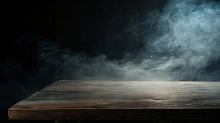 Aufkleber - On a black background an empty wooden table with smoke floats up Empty space for displaying your products with a smoke float up on a dark background Space available for displaying your : Generative AI