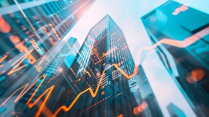 Fototapete - Real estate development and investing concept with financial chart indicators and stock market graphs on city skyscrapers tops bottom view double exposure : Generative AI