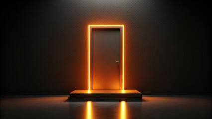 Sticker - Abstract podium door with orange light element on black background, render, podium, abstract, door, light, fantastic