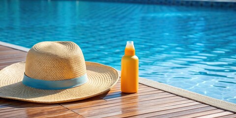 Wall Mural - Sun cream bottle placed on a hat next to a pool with copy space for text, perfect for summer vacation concept