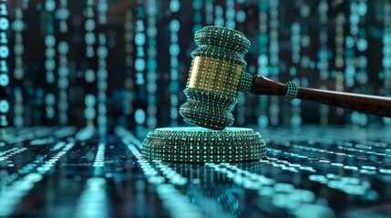 A digital gavel over a binary code background, representing the enforcement of intellectual property laws