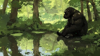 Wall Mural - Gorilla Contemplating in a Verdant Forest