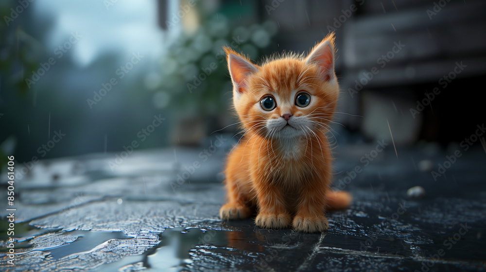 3D realistic style of a ginger kitten with big eyes sitting on a wet ...