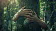 © Generative AI - Nature lover hugging trunk tree with green musk in tropical woods forest Green natural background Concept of people love nature and protect from deforestation or pollution or climate c : Generative AI