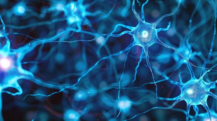 Wall Mural - A closeup of blue glowing neurons in an active brain