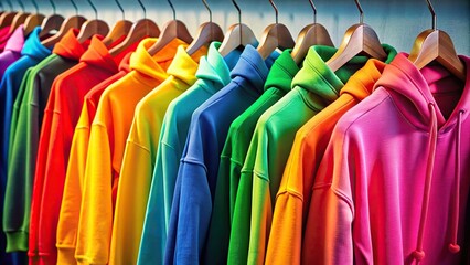 Wall Mural - Neatly lined up vibrant rainbow of hoodies on display , fashion, clothing, colors, diversity, variety, shelves, retail