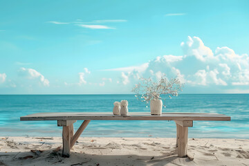 Sticker - Ideal beach setup for product display, with a wooden table against a picturesque sea background