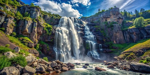 Wall Mural - Majestic waterfall cascading down the rocky mountainside , nature, landscape, scenic, beauty, serene, flowing