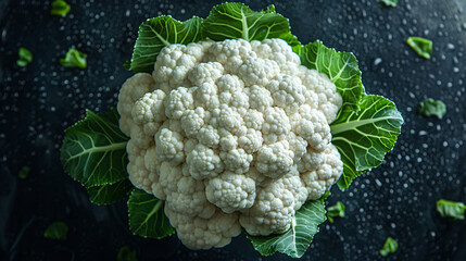 A single cauliflower floret with its white, bumpy texture floats against a black background. 